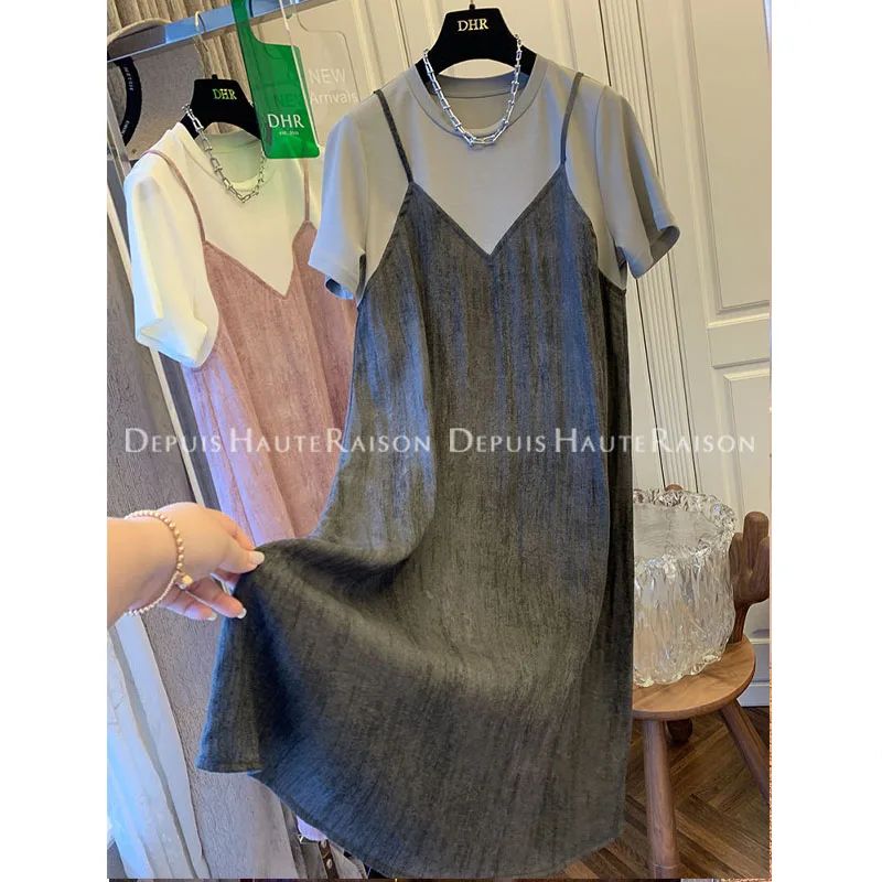 女性用半袖Tシャツドレス,ゆったりとしたフィット感,ラウンドネック,対照的な色,大きいサイズ,フレンチスタイル,2枚