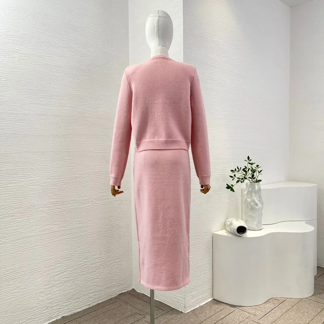 Women's  Pink Long Sleeve Knit Cardigan Tops and Skirt Set High Quality 2024 Autumn Winter New