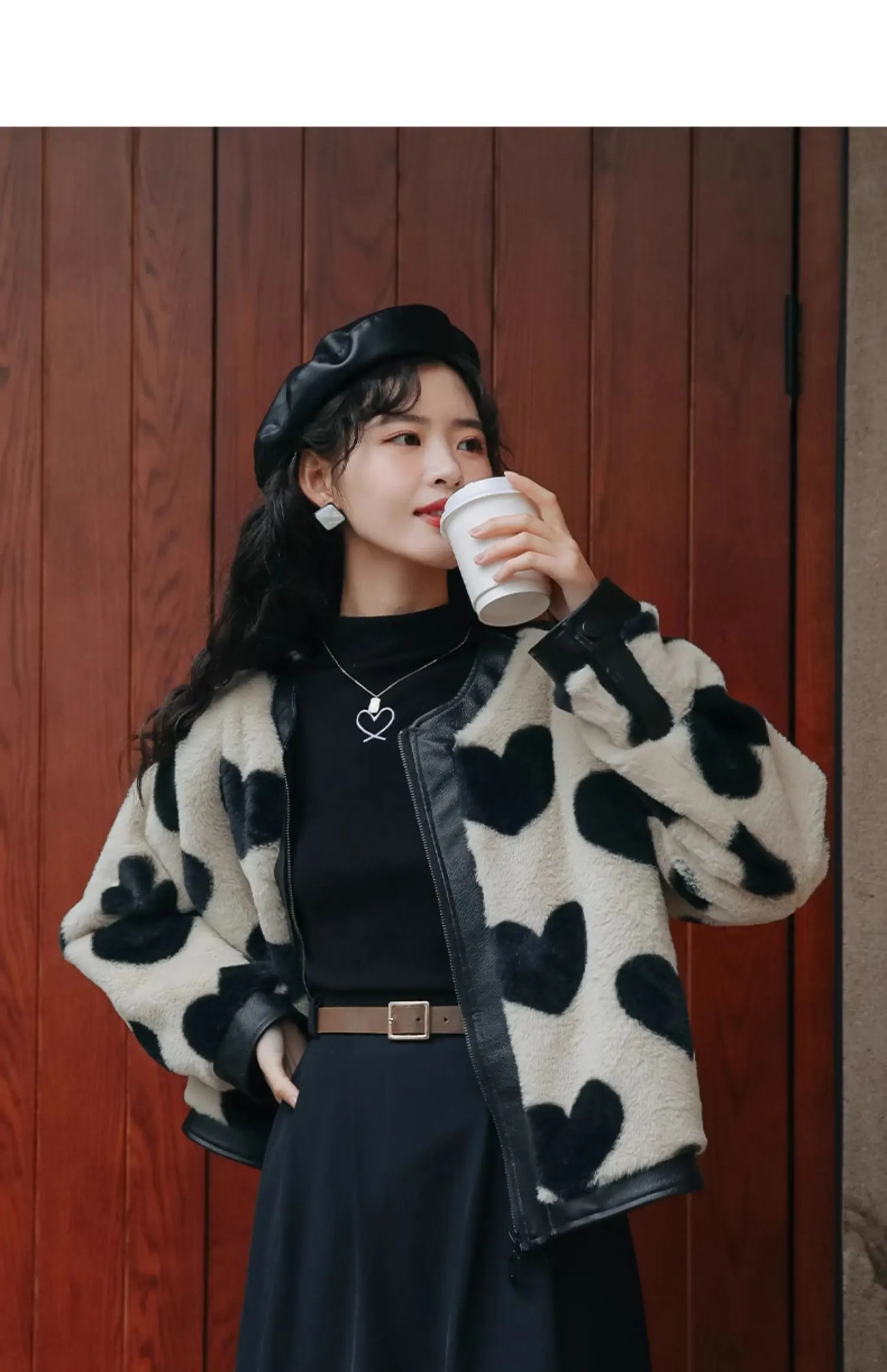 

Lamb Wool Jacket Woman For Women Slim Harrington Ribbed Trims Classic Cut Tartan Lining Detail Two-Way Zip Front Button-Down Ins