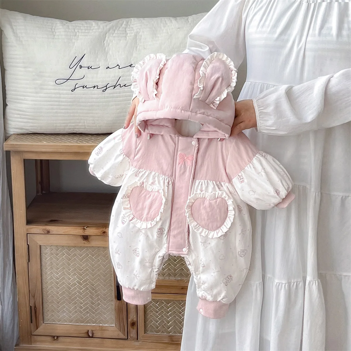 

Toddler Girls Rompers New Winter Hooded Thicken Warm Newborn Girls Pink Jumpsuits Rabbit Printed Kids Girls Bodysuits Overalls