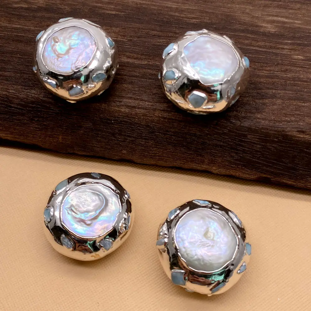 Wholesale 5 pcs Freshwater Cultured White Coin Pearl Blue Larimar Beads White Gold Plated Beads