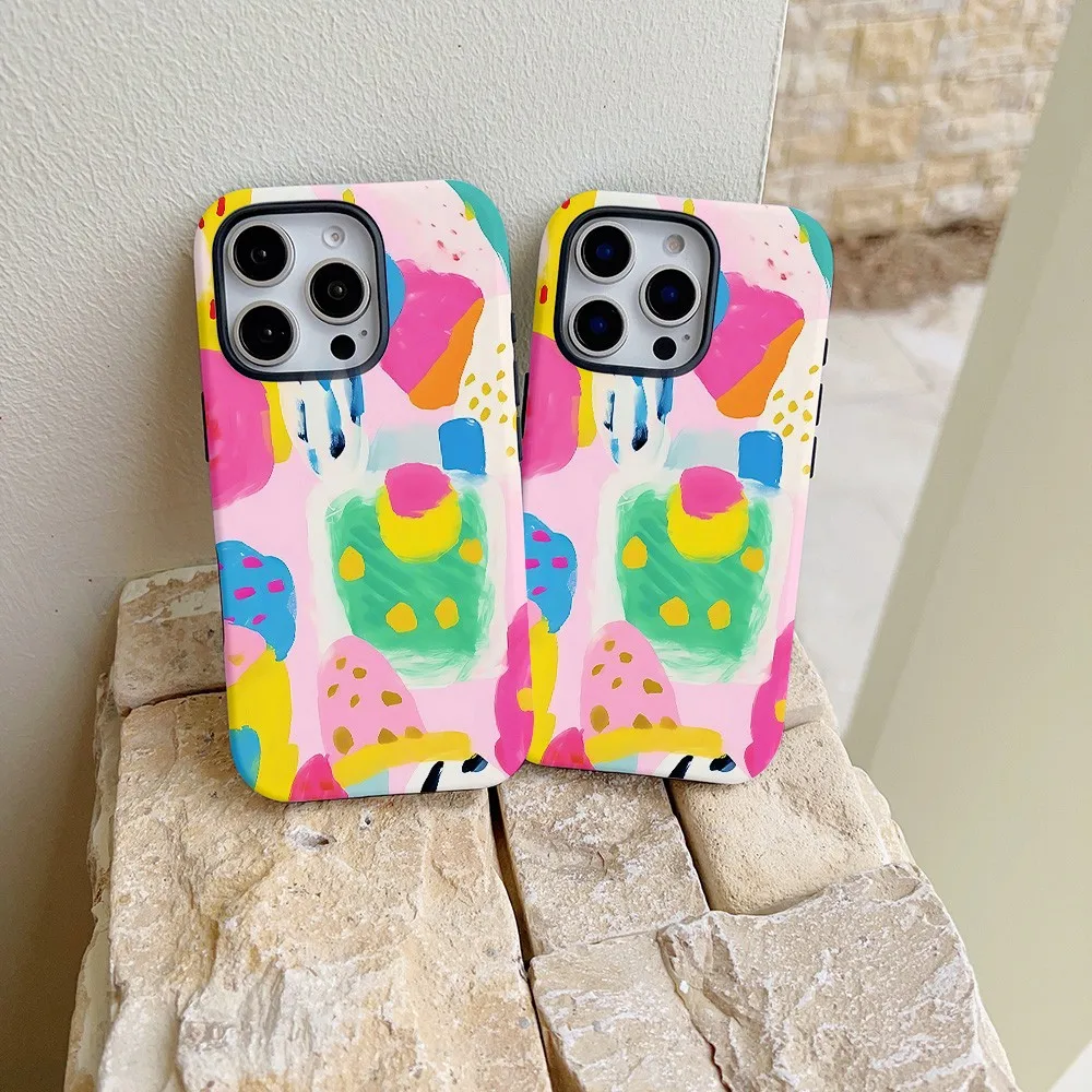 Macaron Abstract Doodle Phone Case for Samsung Galaxy S22 S23 S24 S25 S26 FE Plus Ultra Edge 4G 5G Luxury Double-layer