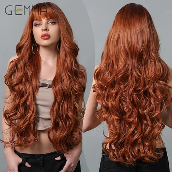 GEMMA – perruque synthétique longue ondulée en cuivre et gingembre, perruque rouge marron avec frange pour femmes, cheveux naturels, perruque de Cosplay quotidienne résistante à la chaleur