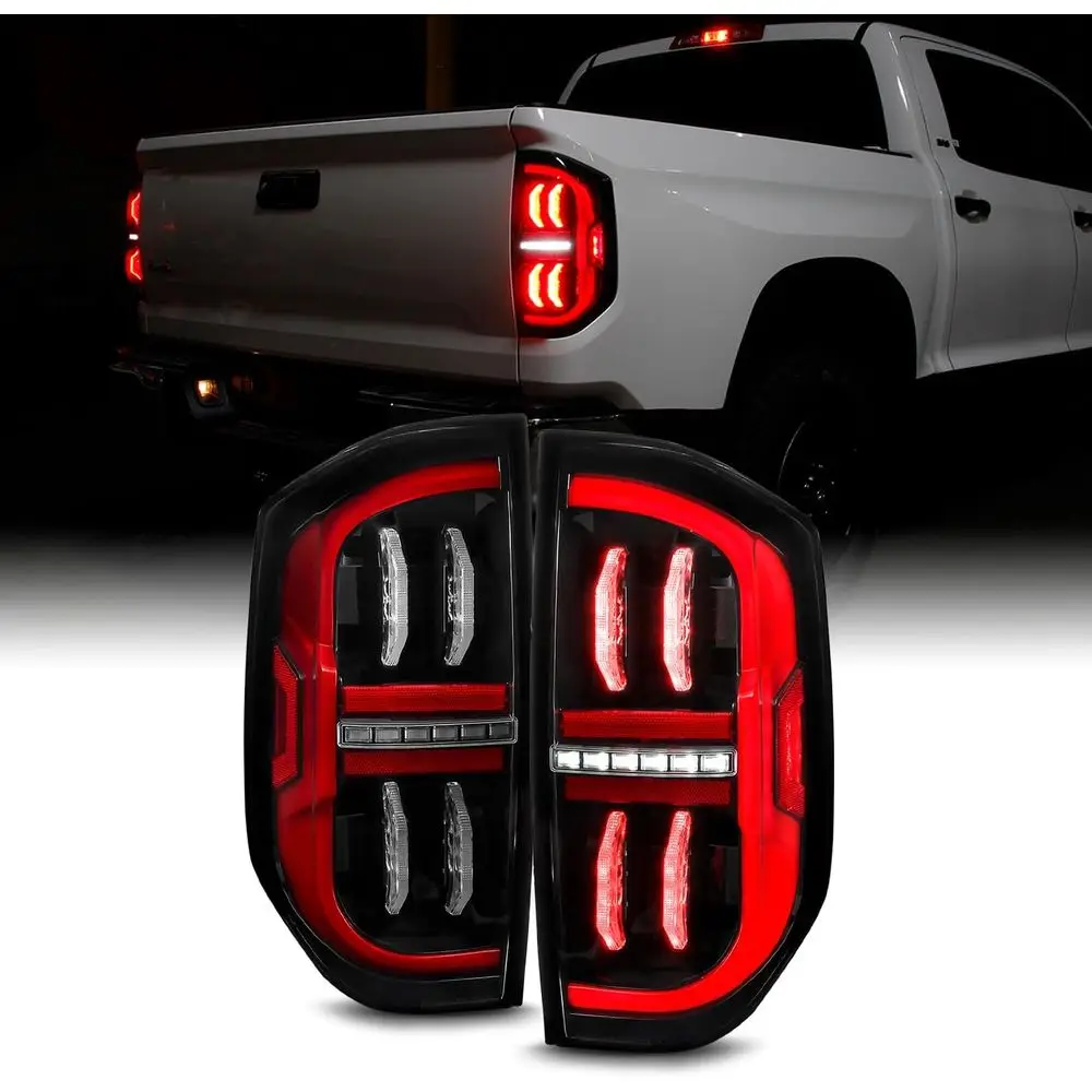 

Подходит для Toyota Tundra 2014-2021 годов выпуска, полностью светодиодные задние фонари DRL черного цвета, стоп-сигналы, пара, с последовательным сигналом поворота.