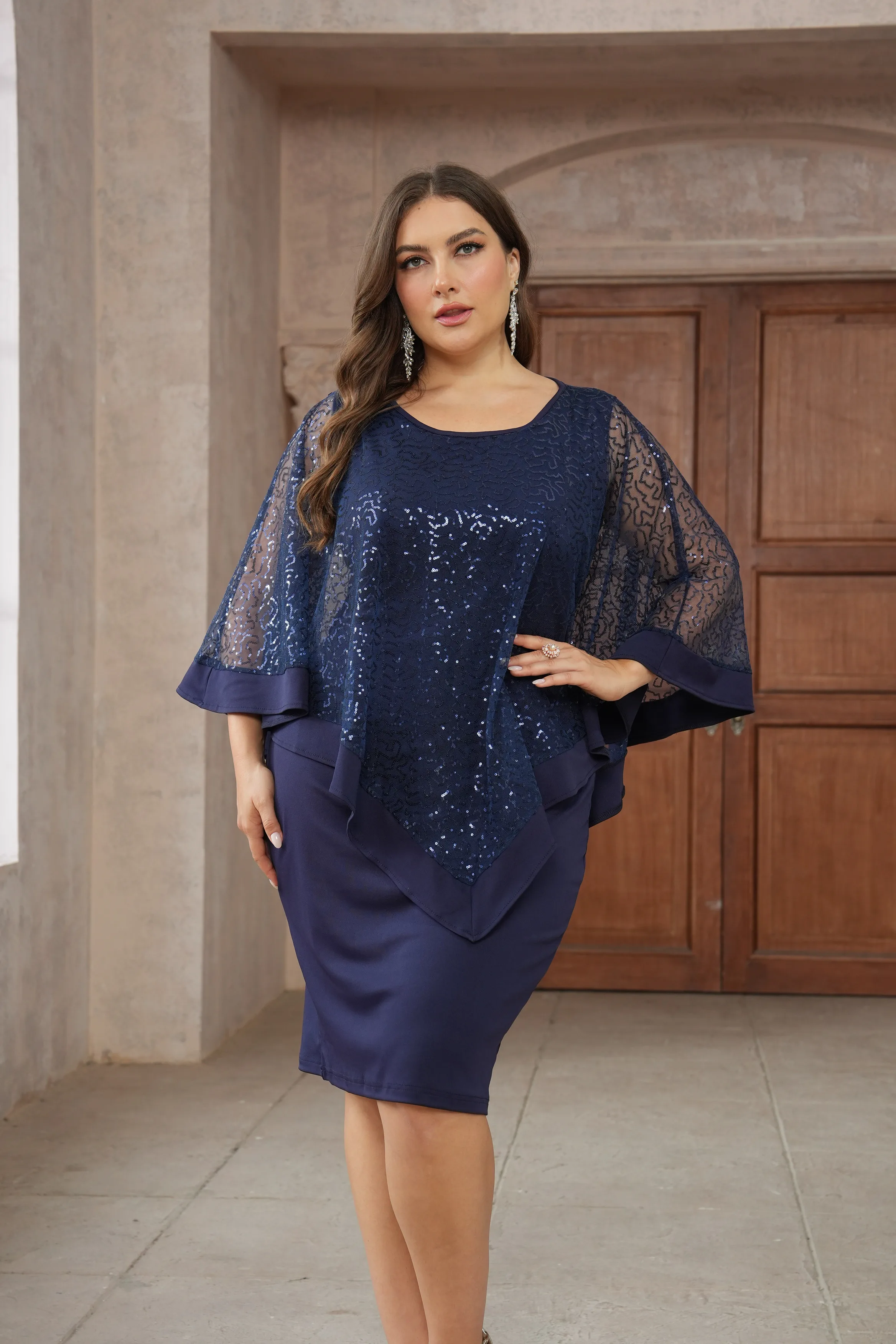 Robes de soirée élégantes pour femmes, grande taille, paillettes, robes décontractées, manches Cape, bleu marine, robes de soirée de mariage