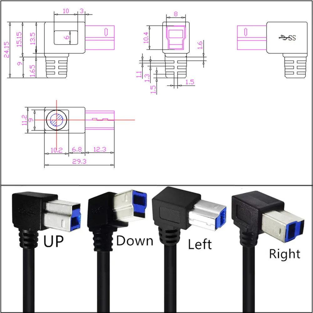 USB 3.0 USB męski na USB-B 3.0 90 stopni w górę dół lewego prawego Angeld typ B wymiana danych dysk twardy kaseta kabel do drukarki 0.5m