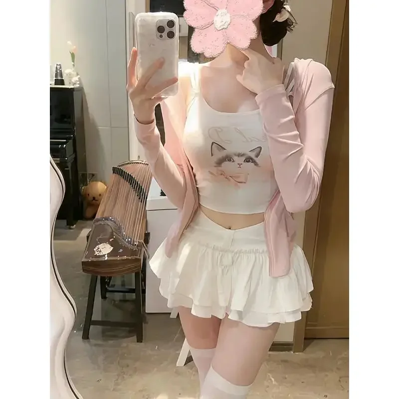 

Autumn Kawaii New 3 Piece Sets Women Cat Casual Chic Y2k Print Mini Skirt Suit Female Solid Knit Japanese Sweet Suit