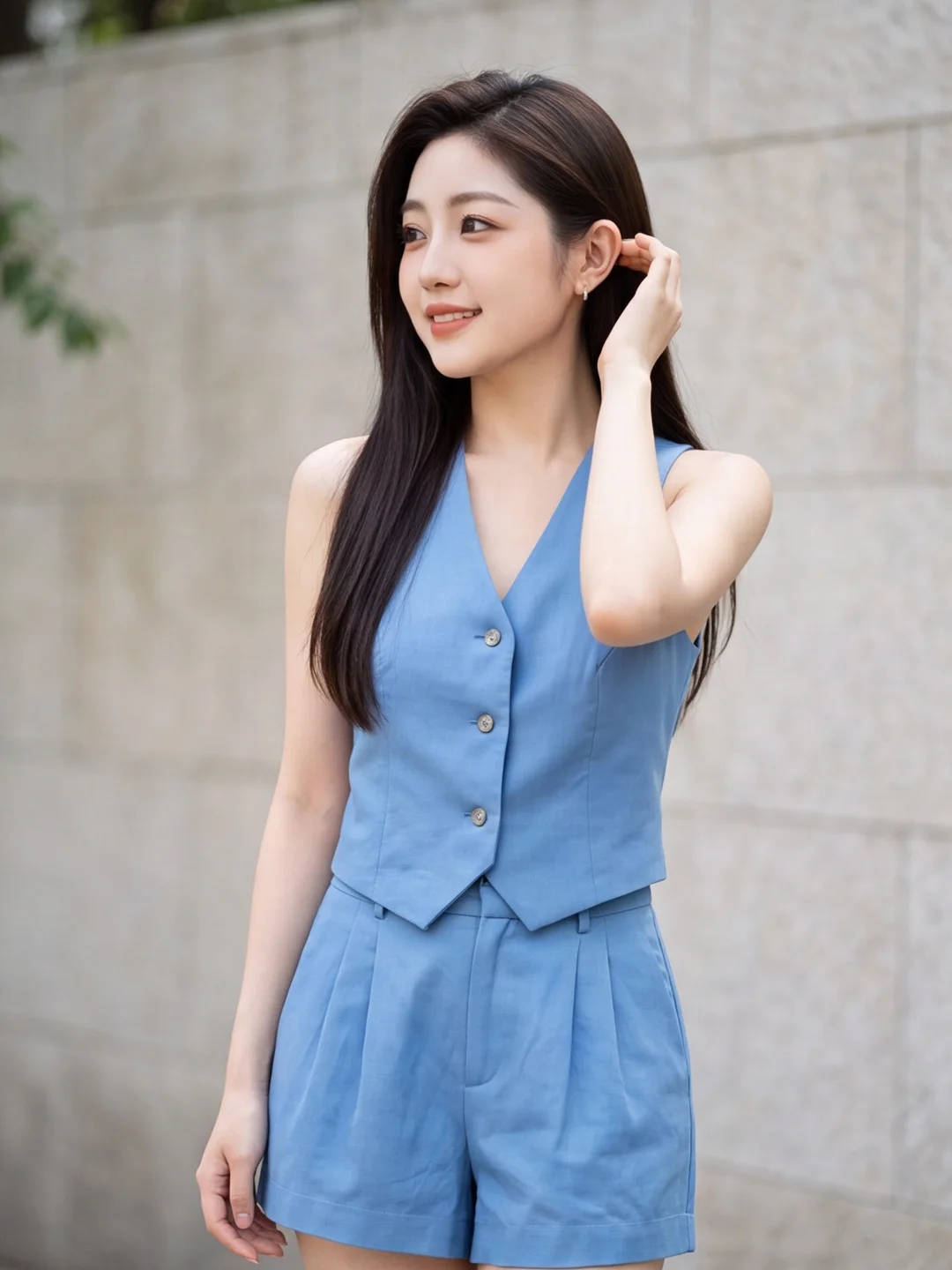 Elegant Blue Vest Shorts Set Summer Fashion Two-Piece Suit Old Money Style Polyester Fiber No Sleeve Regular Fit Universal Type