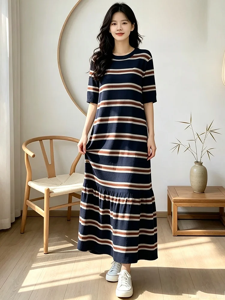 Casual Striped Short Sleeve Midi Dress Loose Fit Slimming Daily Skirt for Plump Women Summer Polyester Fiber Straight Tube Dress