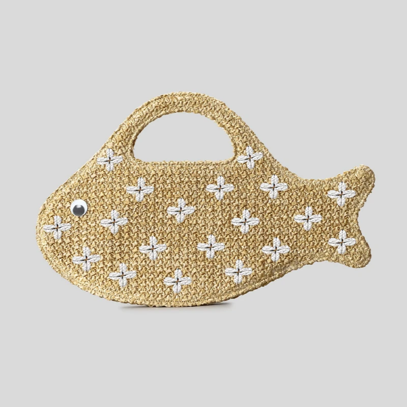 Embroidered Fish Raffia Straw Handbag,Evening bag Elegant  Woven clutch purse,Summer Vintage Beach Vacation Purse for Women view 2