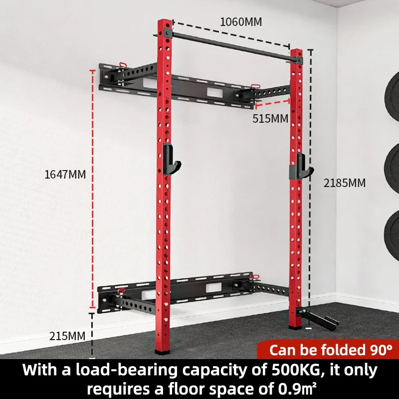 English：Adjustable Power Cage Wall Mounted Folding Half Squat Rack Multi-grip Design Home Gym Strength Workout Fitness Equipment