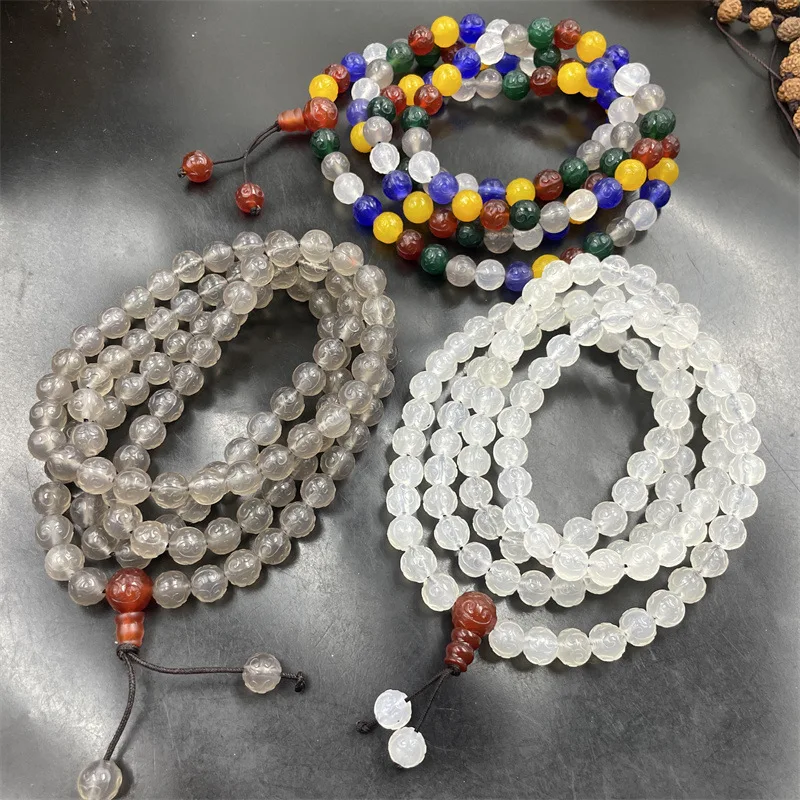 

8Mm 108 Carved Buddha Prayer Beads Sweater Chain White Agate Necklace