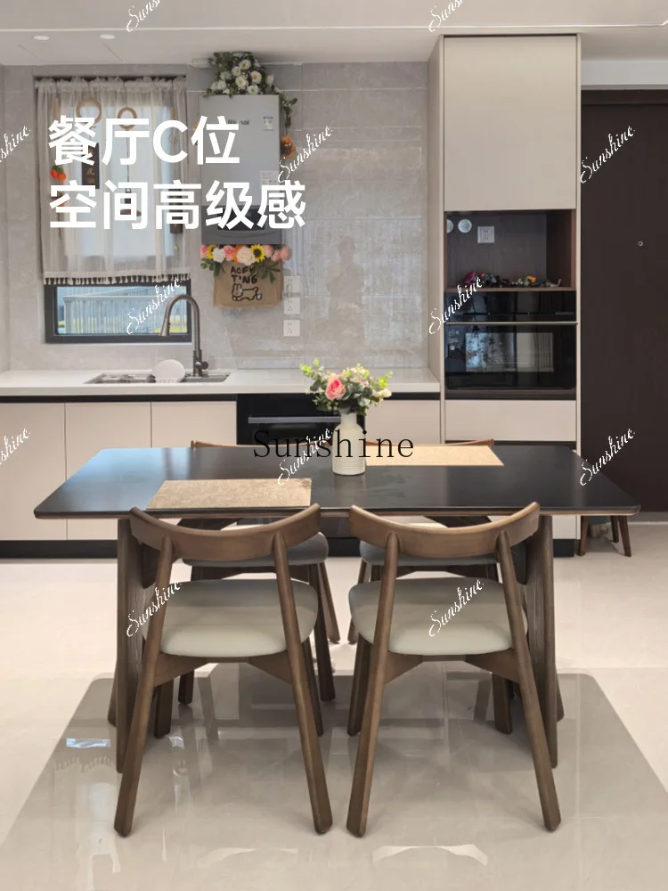 

Rectangle solid wood, medieval home use, light luxury, modern simplicity, black rock slab dining tableP