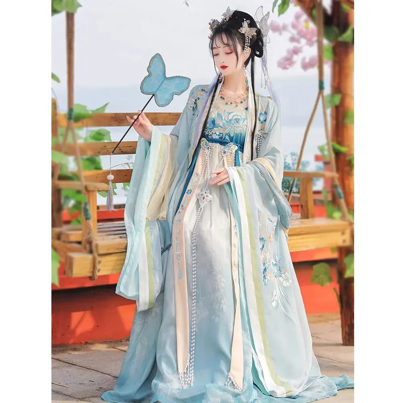 فستان نسائي أزرق من Hanfu زي الجنية الصينية المطرز الصيني التقليدي فساتين حفلات سلالة تانغ للفتيات مقاس كبير