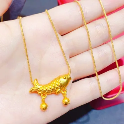 New pure gold good luck koi  necklace AU999 gold clavicle chain bell fortune 24k neck chain carp elbow pendant for women