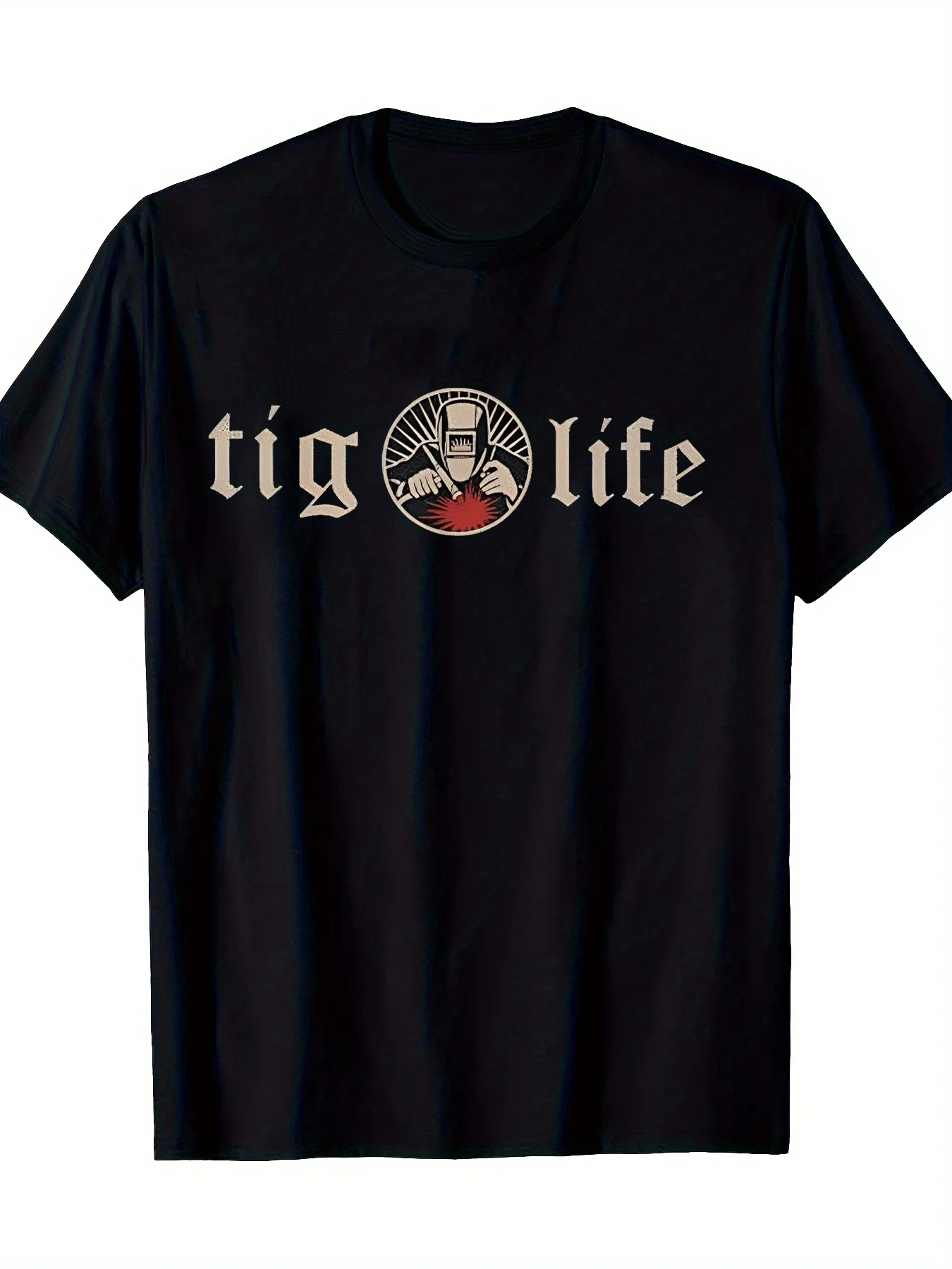 Men's Casual Black T-Shirt with Unique Welding Graphic Print - Short Sleeve Round Neck, All-Season Comfort, Machine Washable, Ideal Christmas Gift