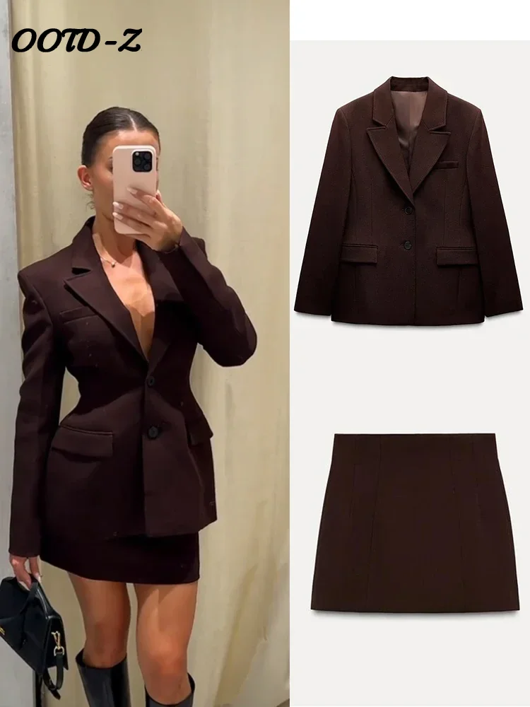 Elegant Blazer Coat Mini Skirt Sets Women Brown Shoulder Pad Cinched Waist Suit Jacket A-line Skirts 2 Piece Office Lady Outfits