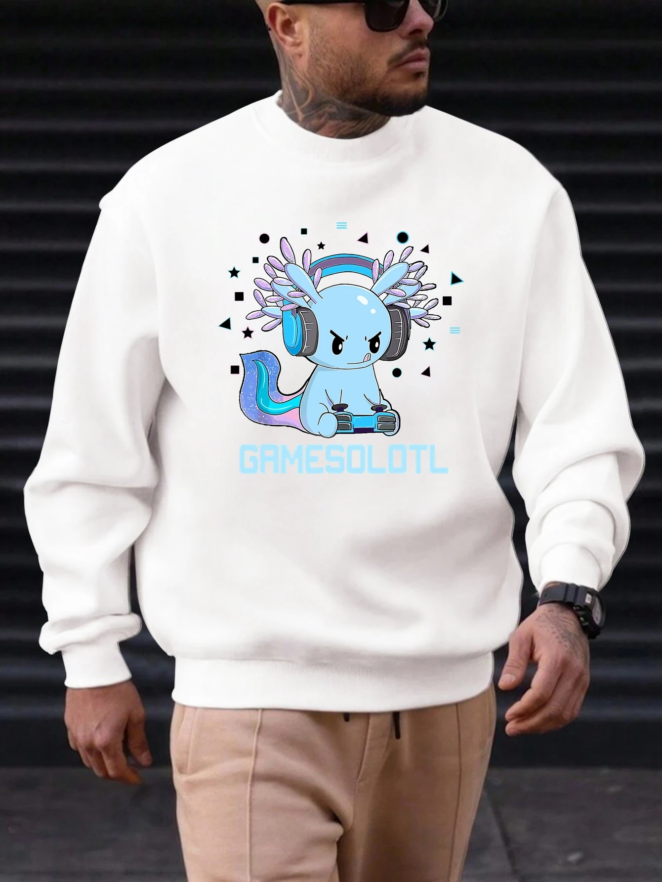 

Men's Cotton Crewneck Sweatshirt Anime Gaming Axolotl Print GAMESOLOTL 2025 Trending Casual Streetwear Top for Daily and Cosplay