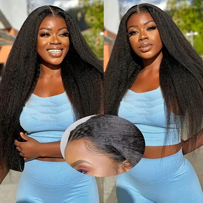 

13x6 Natural Black Kinky Straight Human Hair Wig Swiss HD Lace Front Kinky Straight Wig Pre Plucked Hairline with Baby Hair Natural Color Fluffy Texture Can Make Long Time Daily and Formal Scene Use