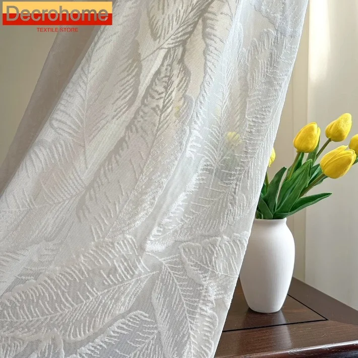 

Customized Embossed Leaves Three-dimensional Jacquard White Gauze Curtains for Living Room Bedroom French Window Balcony