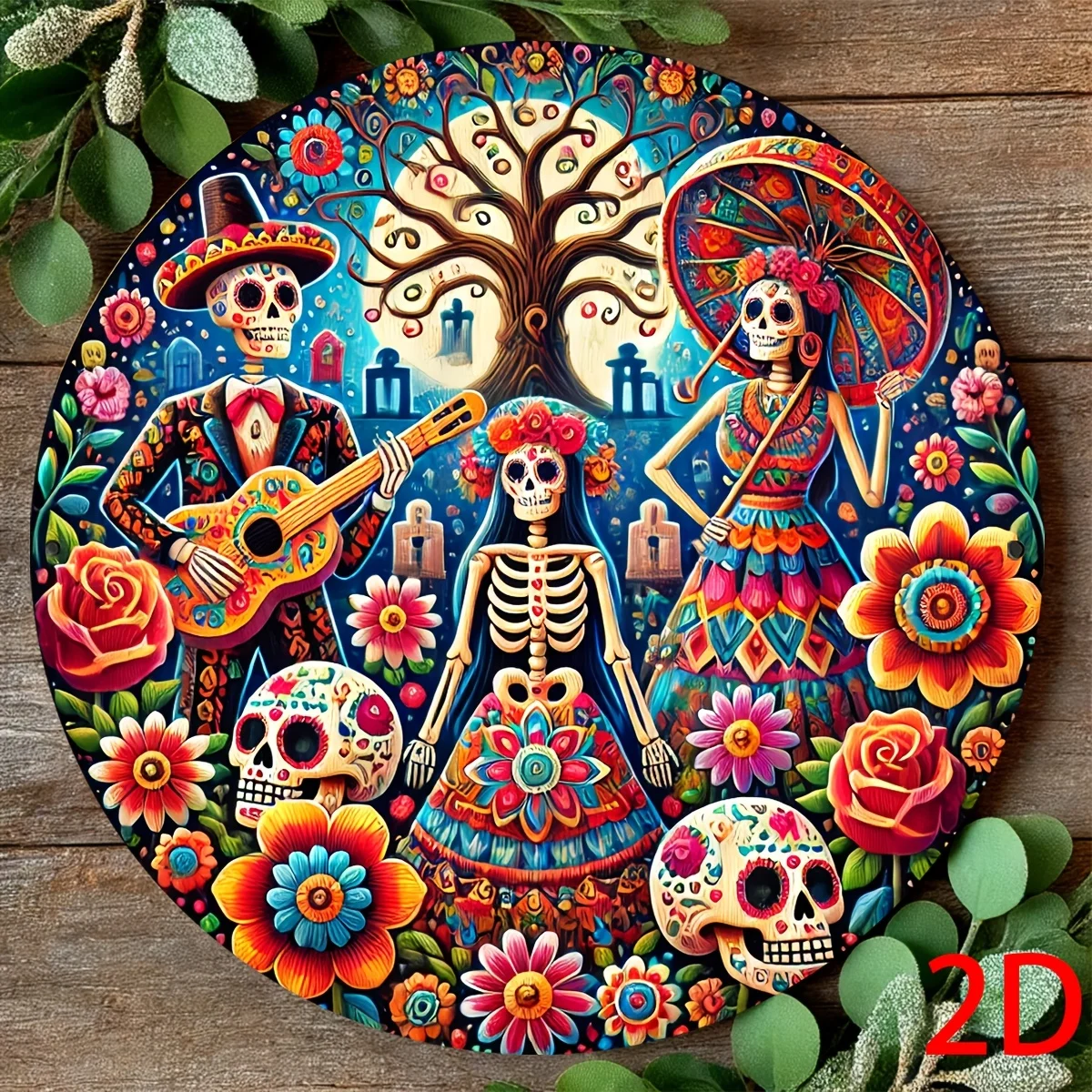 Rundes Holzschild, Tag der Toten Skelett Braut Retro-Holzschild, mexikanisches Halloween-Thema Dia de Muertos