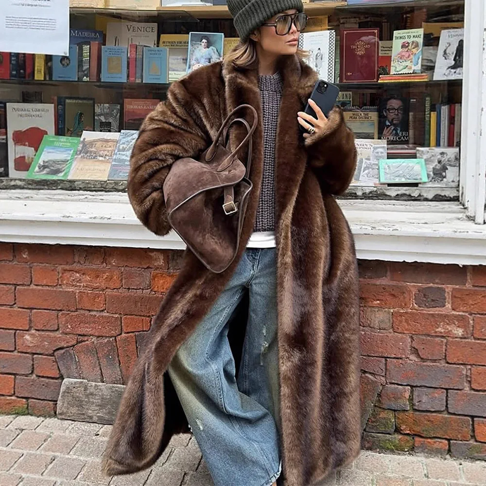 KIDCRKJ Winter Vrouwen Kunstbont Jas Enkele Breasted Pluizige Faux Lange Bontjas Voor Lady Revers Vrouwelijke Pluche Bontjas