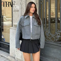 TRAF Tweed Cropped Jackets for Women Zip Bomber Jacket Woman Long Sleeve Jackets Woman 2024 Streetwear New in Coats and Jackets