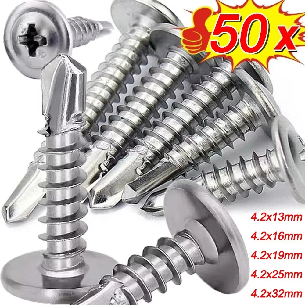 50PCS Stainless Steel Self Tapping Screws Round Washer Flat Head Metal Screws High-Strength Cross Phillips Wood Framing Screw