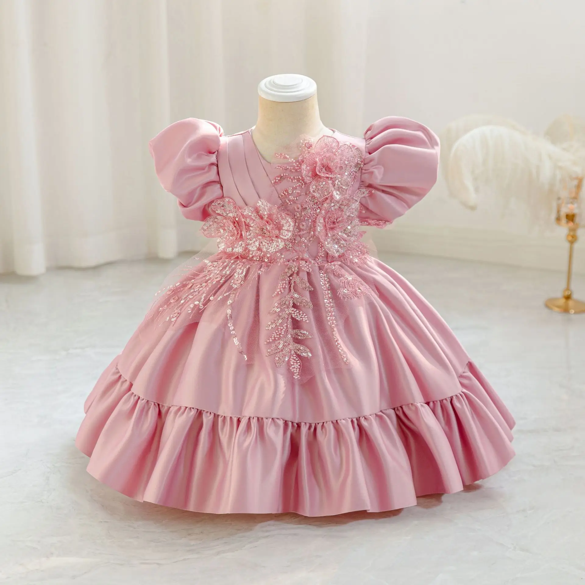 HETISO Sequined Appliques Cotton Baby Dresses with Puff Sleeves Elegant Ball Gown for Kids Children's Birthday