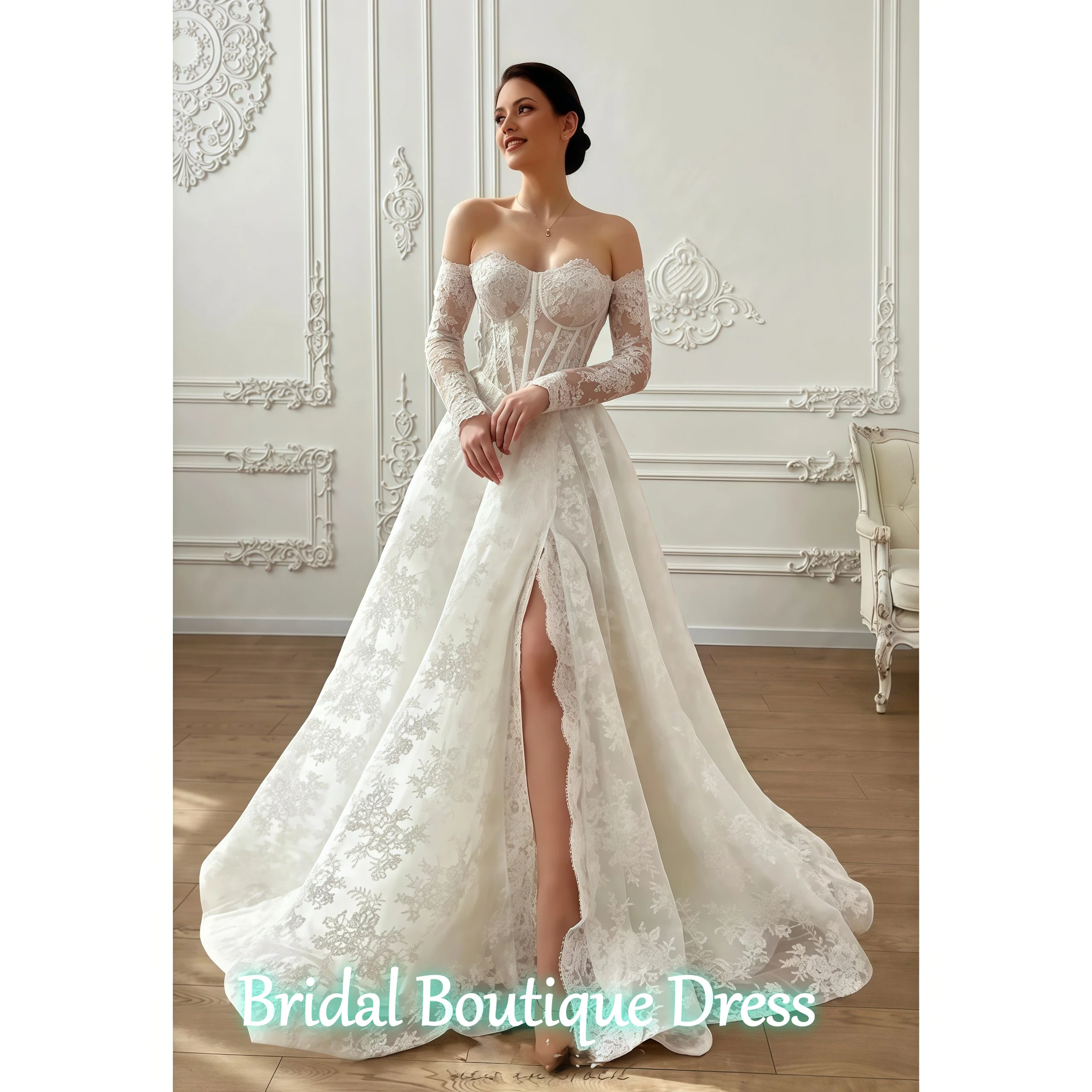 Elegância personalizada flores brancas bordado rendas vestidos de festa de casamento mangas compridas sem alças fenda lateral formal vestido de novia