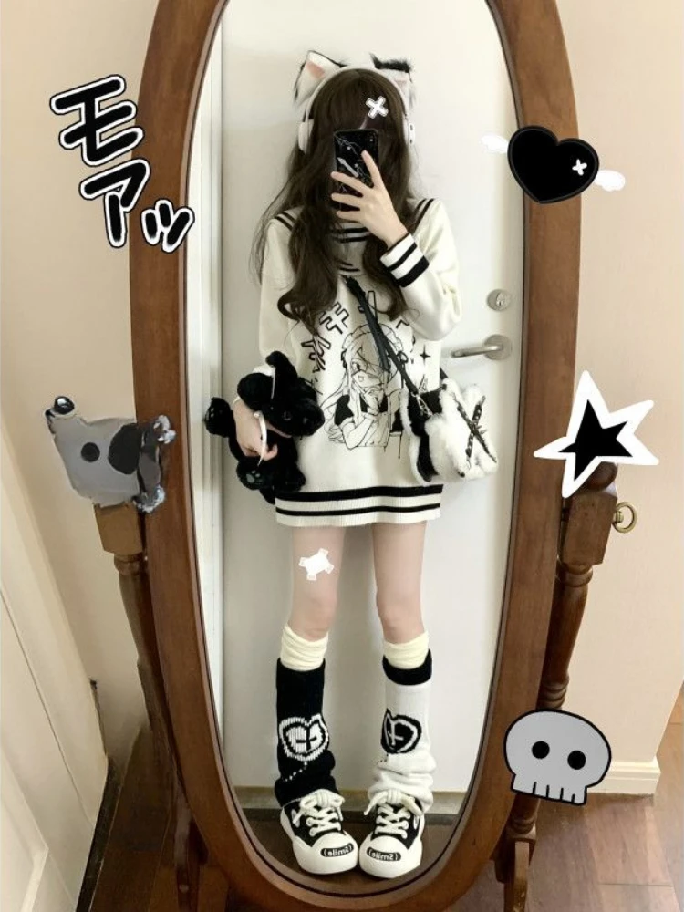 Sweet Cartoon Print White Sweater Anime Pullover Knit Y2k Clothing Harajuku Gothic Tops Loose Turn Down Collar Womens Knitwear