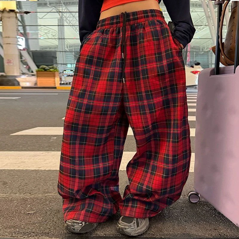 

MEXZT Vintage Plaid Wide Leg Pants Women Y2K Harajuku Baggy Pants Hip Hop Streetwear Pockets Drawstring Casual Straight Trousers