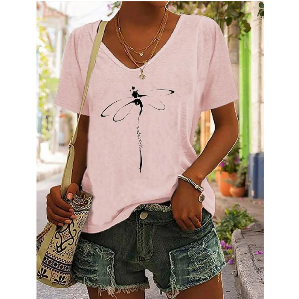 Women\'s T-Shirt Summer Dragonfly Print Tops Tees Casual Daily V Neck Blouse Women Oversized Pullovers Girls Minimalist Clothing