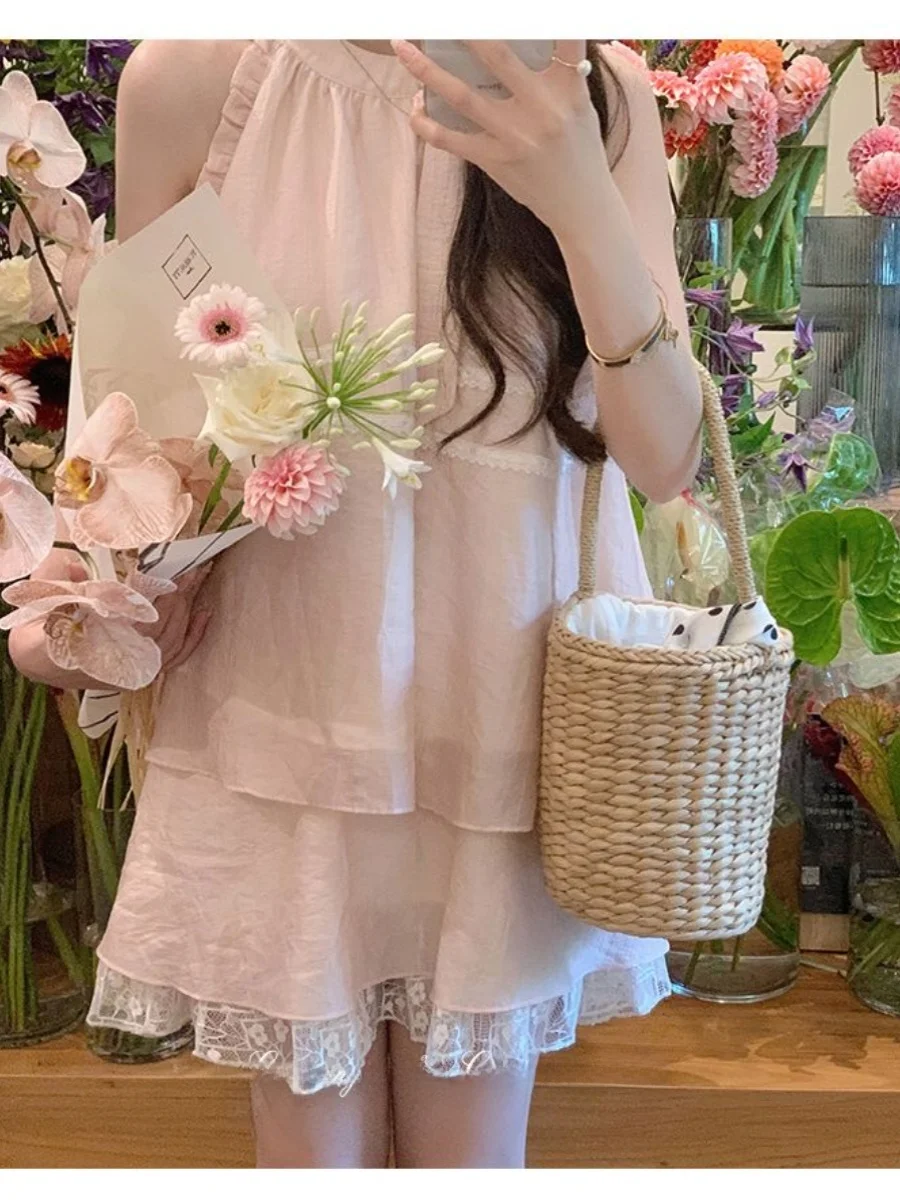 

Pink Lace Splice Summer Sweetish Neckline Shirt Half Skirt Set Loose Small Figure Two Piece Set Women Fashionable Outfit
