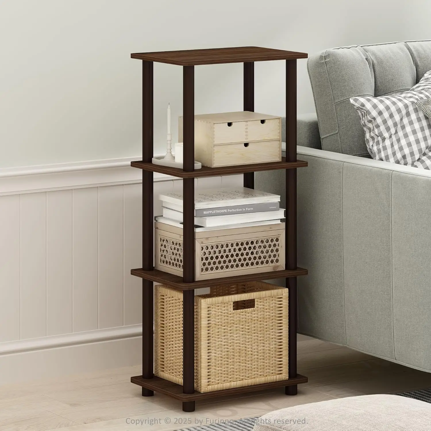 

3-Tier Round Tube Side Table with Open Shelf, Easy Assembly Nightstand for Living Room Bedroom, Walnut Finish
