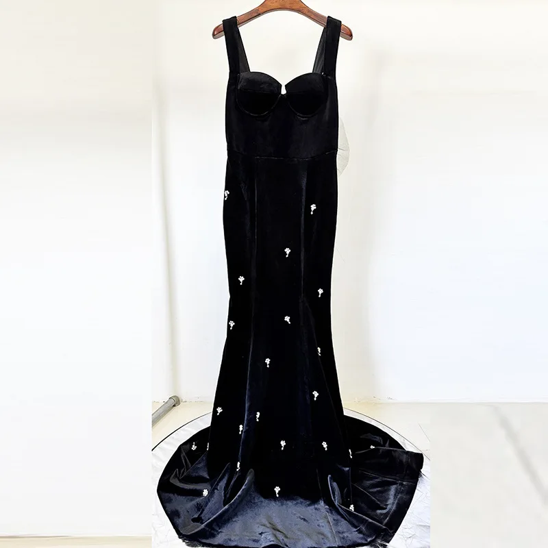 High-quality celebrity heavily embellished velvet slip dress evening gown gold thread embroidery ropa mujer vestido robe soiree