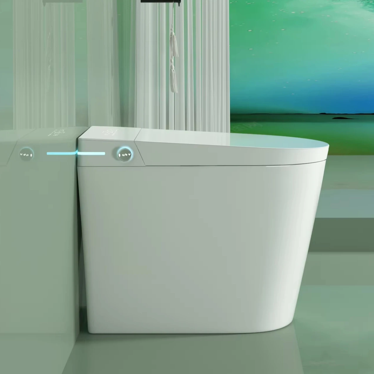 Small One Piece Sanitary Ware Ceramic Elongated Shape Auto Flip Flush Seat Remote Controlled Smart Toilet Hot Sale Floor Mounted