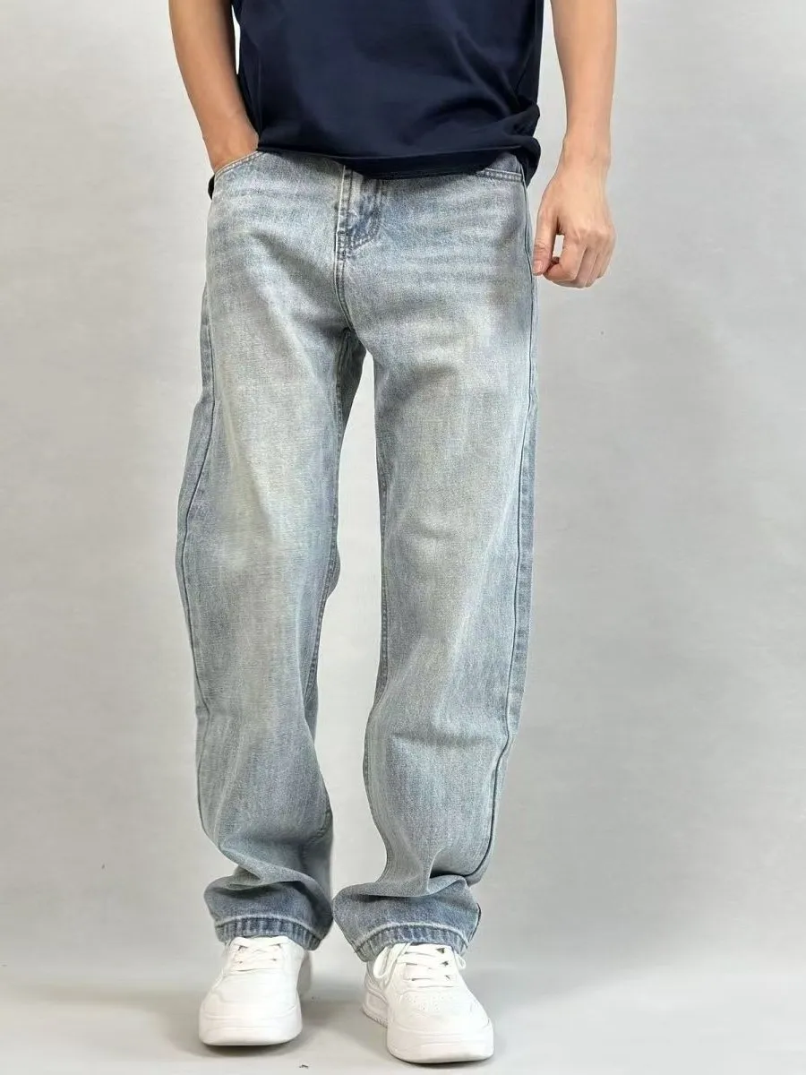 

Waed Loose Casual Men's Jeans Straight Leg Vintage Wide Fit High Street Light Blue Versatile Faionable Streetwear