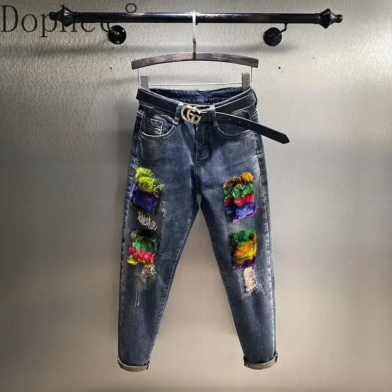 

Female Denim Trousers New Fashion Thicken Fleece Women Winter Jeans Color Rabbit Fur All-match High Waist Straight Pencil Pants