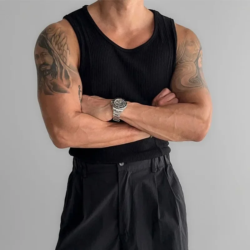American Vertical Thread Tank Tops Muscle Men's Tight Elastic Sleeveless T-shirt Splicing Lines Thin Quick Drying Fitness Vest image 2