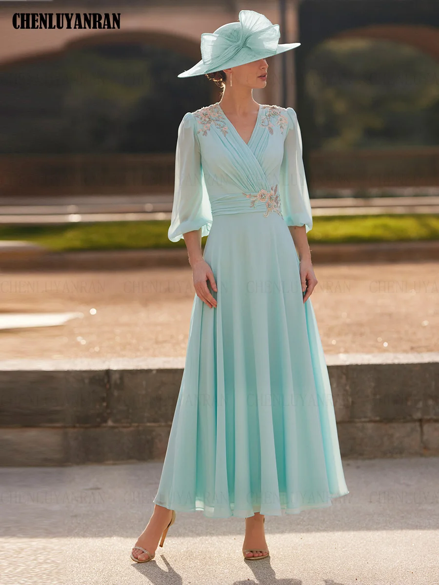 

Elegant Mother of the Bride Dresses 2023 A-line V-neck Long Wedding Guest Gowns Pleated Applique Beading Dress Women For Wedding