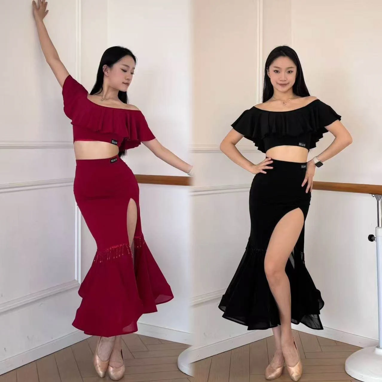Roupas de dança latina mulheres dança de salão prática desempenho curto topos fenda saia longa vermelho preto tango wear 2 pçs terno dnv26037