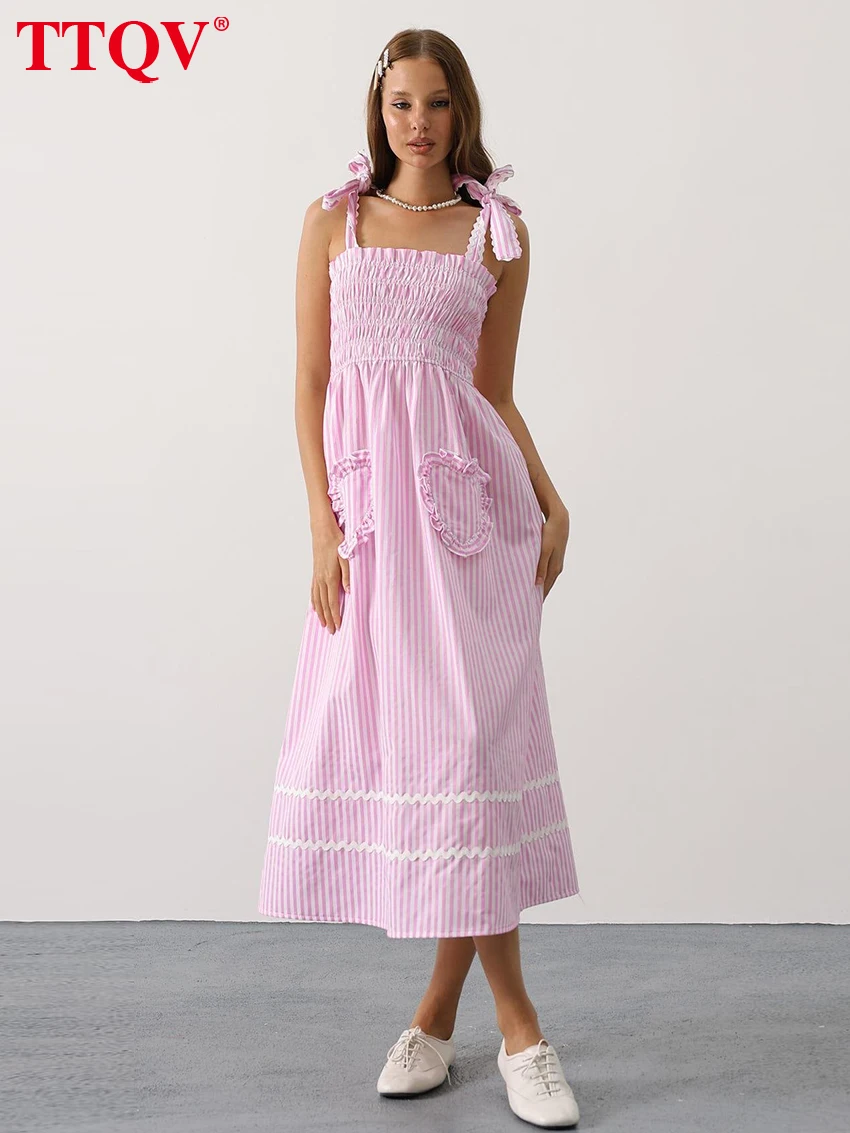 

TTQV Sexy Loose Stripe Print Women's Dress 2026 Summer Strap Sleeveless Midi Dresses Elegant Classic Female Dress Streetwear