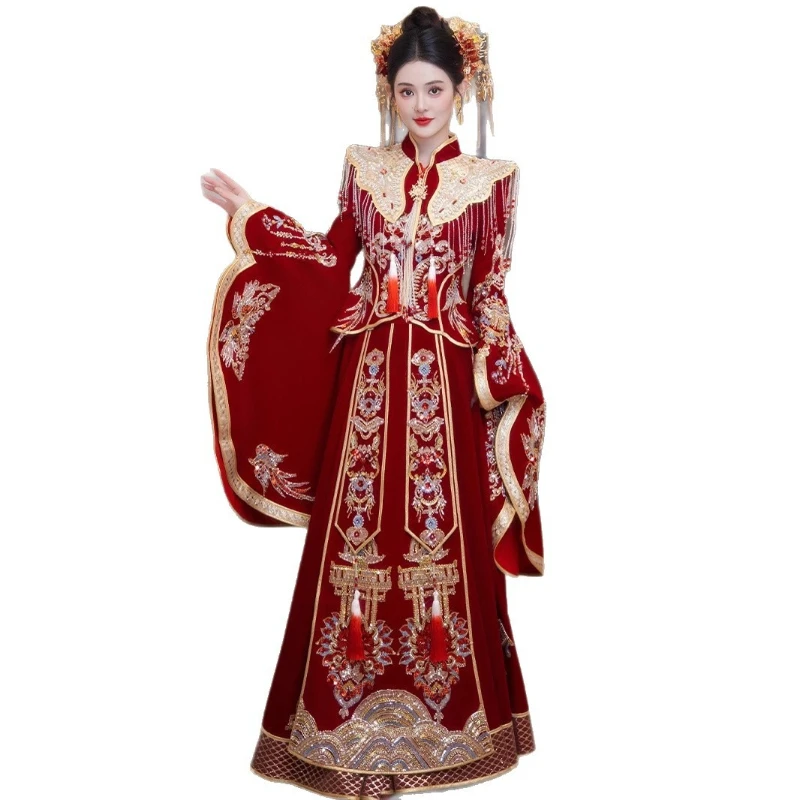Chinese Bridal Xiuhe Clothing 2026 New Phoenix Crown Xiachu Chinese Wedding Dress Toasting Clothing Large Size Wedding
