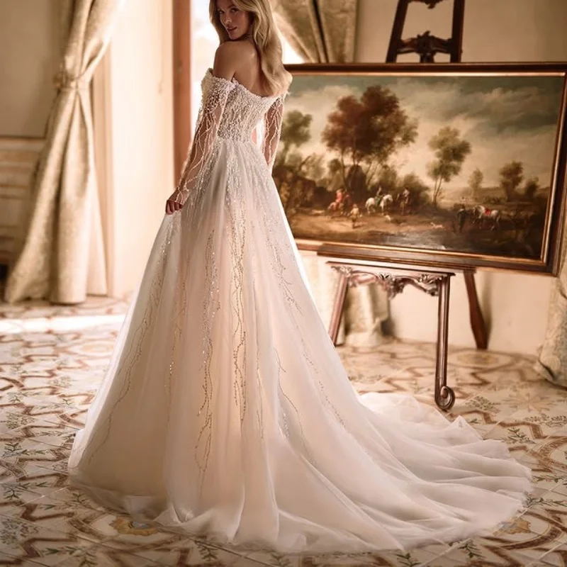 White Wedding Dresses of off-shoulder A-line glitter decal Pearl jewelry Bridal Gowns Made Customized