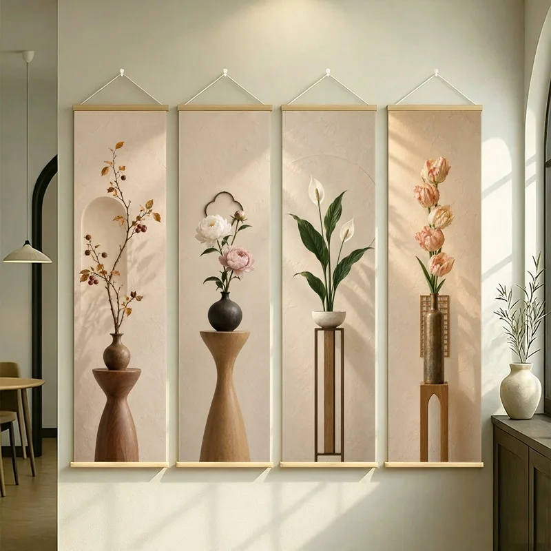 Wall Art Cactus and Autumn Berry Branch, Calm Wabi-Sabi Silver Shimmer Canvas Hanging Scroll for Peaceful Boutique Hotel