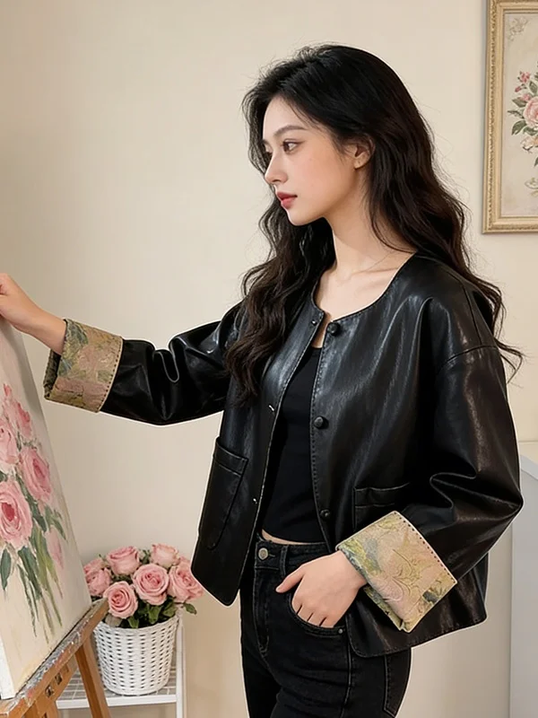 

Женское кожаное пальто Ele Commuter Sle Color Block с круглым вырезом, короткая верхняя одежда, весна 2026, модный тренд