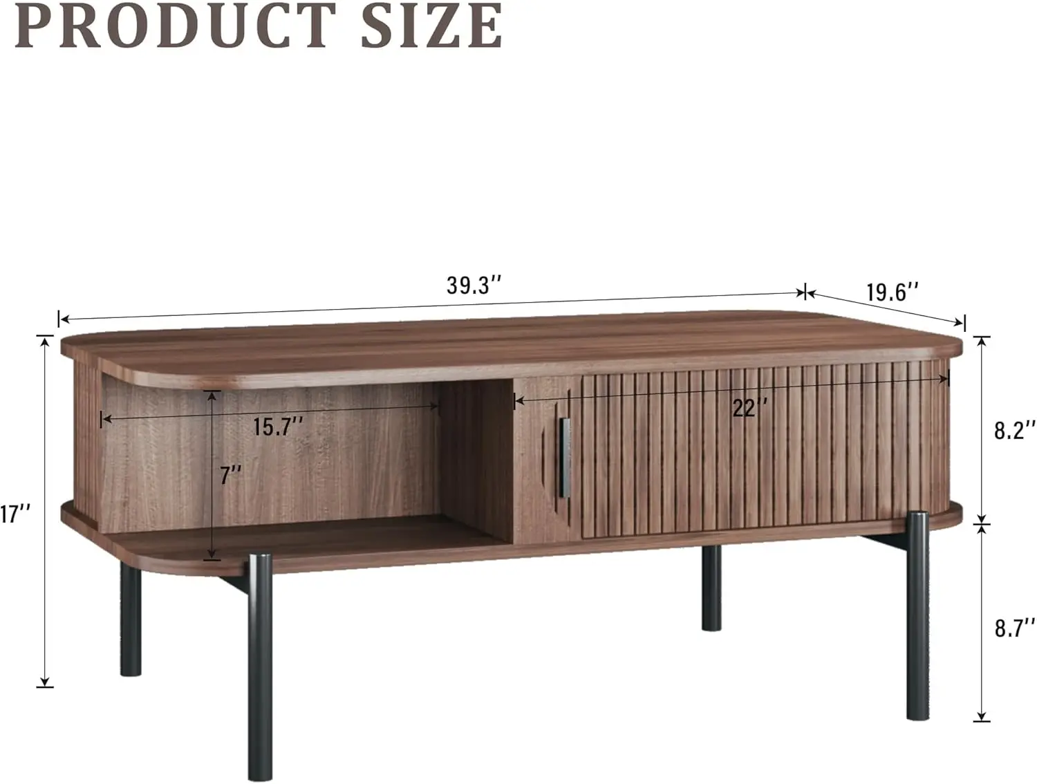 Stolik kawowy, 100 cm, stolik kawowy z radełkowanym blatem do salonu, stolik w stylu mid-century modern z przesuwnymi drzwiczkami szafki, 2-poziomowy, rustykalny drewniany stolik D