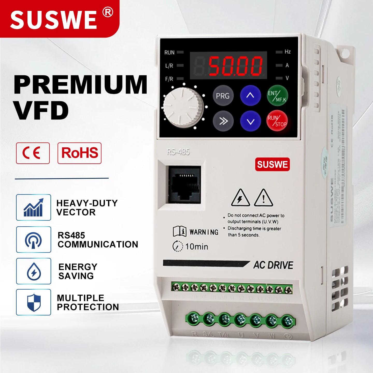 SUSWE Heavy-Duty VFD Frequency Inverter, 220V Single Phase Input to 380V 3 Phase Output, 1.5/2.2/3/4/5.5/7.5KW AC Motor Speed Co