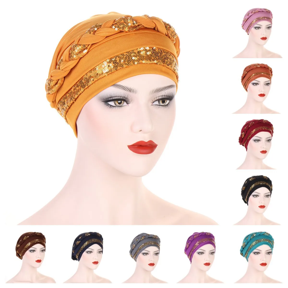 Nuove donne turbante cappelli paillettes Solid Braid Twist Caps cancro chemioterapia berretti berretto copricapo placcato copertura per la perdita